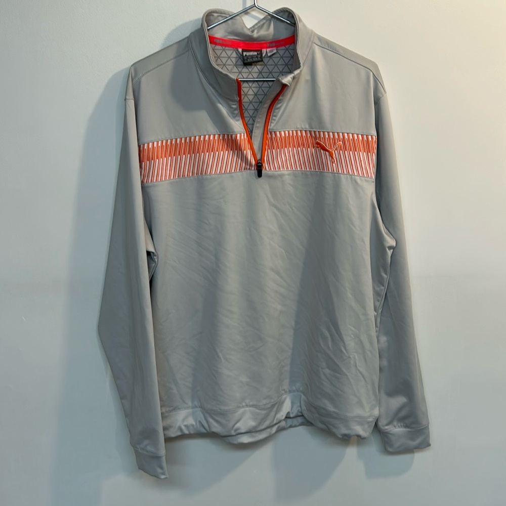 Puma brand men’s 1/4 zip size L light gray color with orange highlights